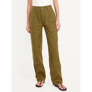 Old Navy Utility Pants Womens 10 Petite Olive Green Straight Leg High Rise NEW